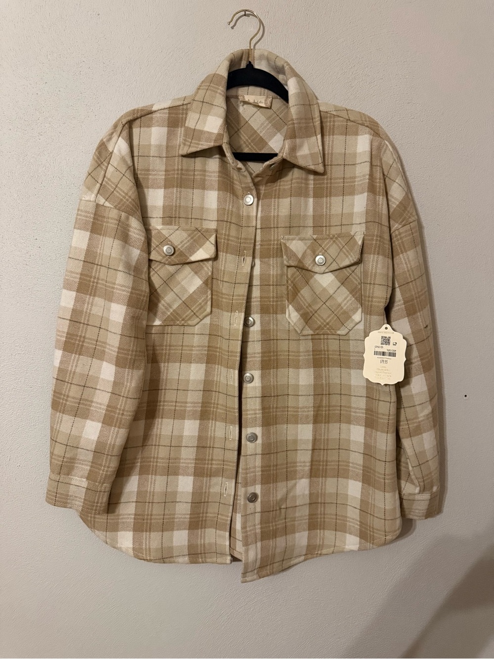 Altar'd State Tan and Cream Plaid Button-Up Shirt Jacket